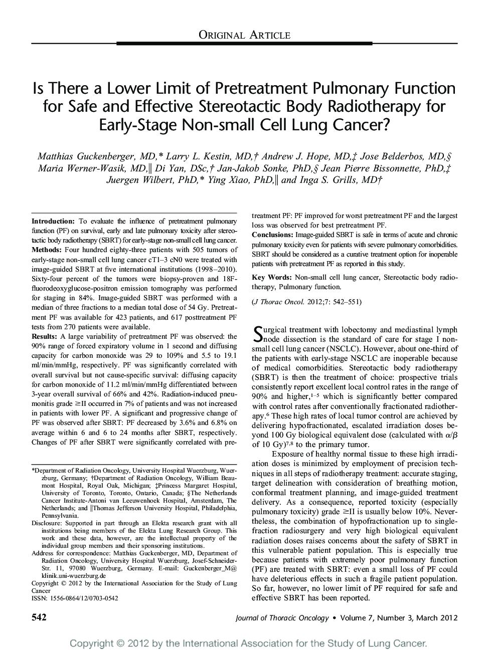 Is There a Lower Limit of Pretreatment Pulmonary Function for Safe and Effective Stereotactic Body Radiotherapy for Early-Stage Non-small Cell Lung Cancer? 