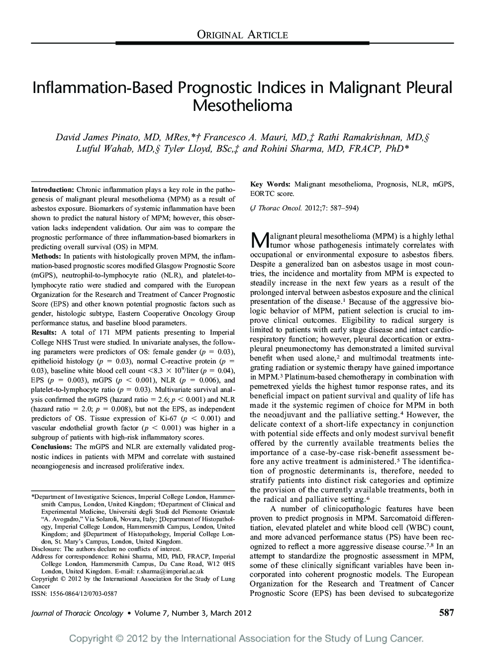 Inflammation-Based Prognostic Indices in Malignant Pleural Mesothelioma 