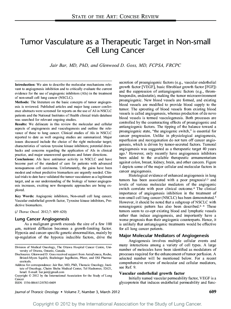 Tumor Vasculature as a Therapeutic Target in Non-small Cell Lung Cancer 