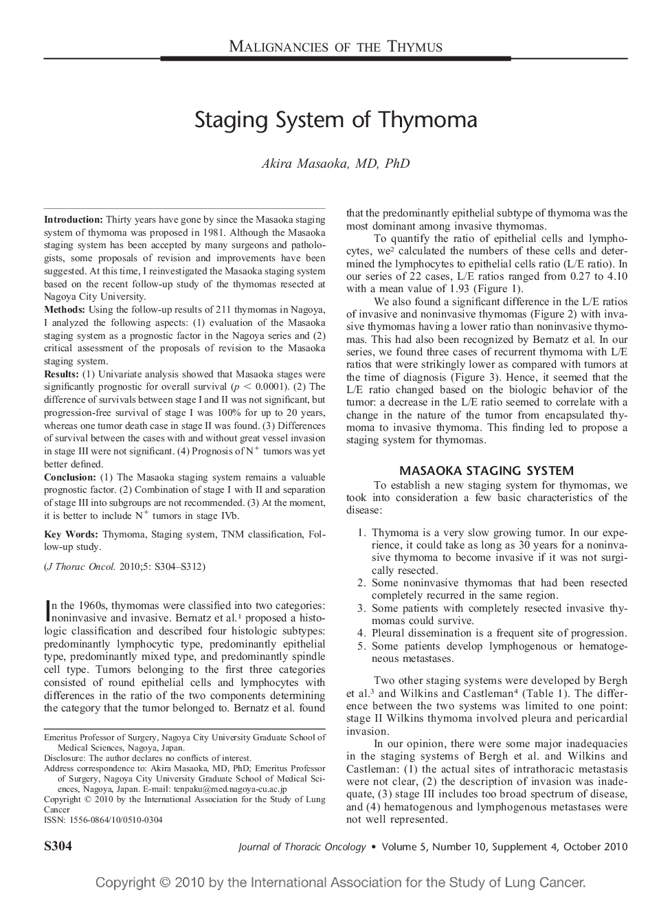 Staging System of Thymoma 