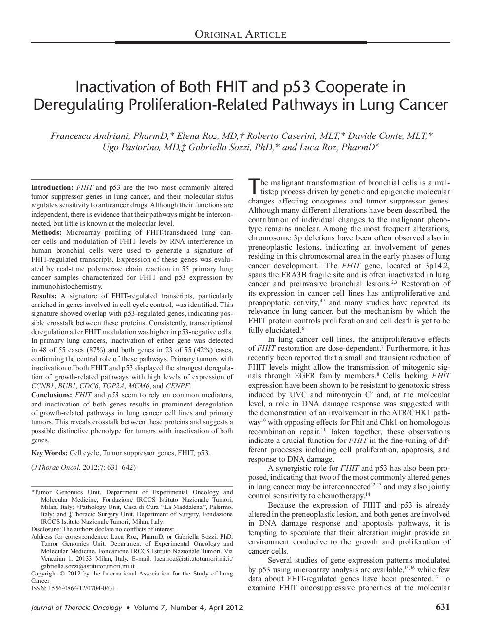 Inactivation of Both FHIT and p53 Cooperate in Deregulating Proliferation-Related Pathways in Lung Cancer 