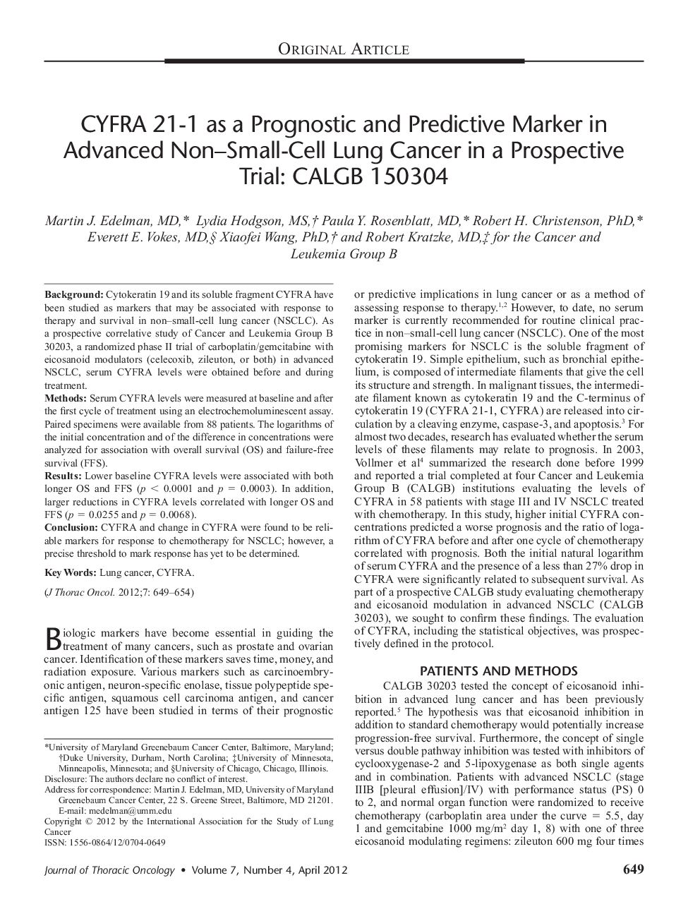 CYFRA 21-1 as a Prognostic and Predictive Marker in Advanced Non–Small-Cell Lung Cancer in a Prospective Trial: CALGB 150304 