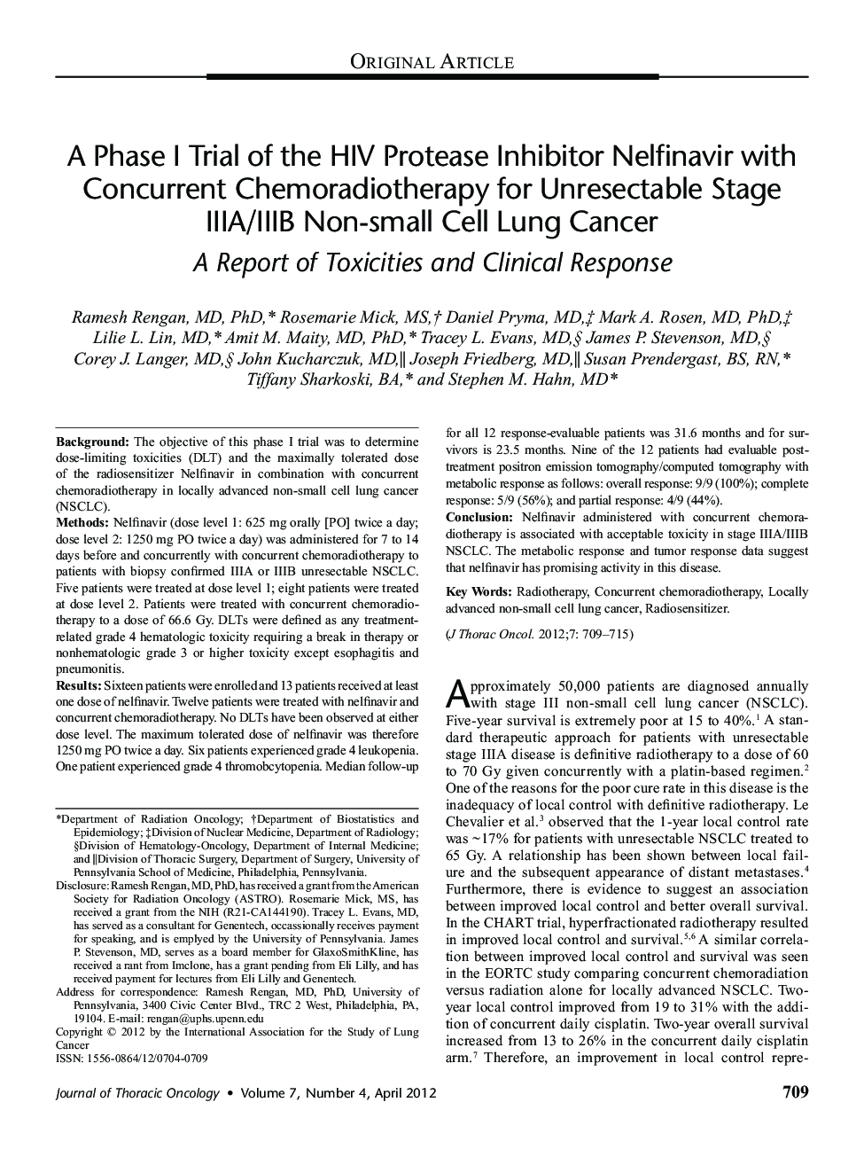 A Phase I Trial of the HIV Protease Inhibitor Nelfinavir with Concurrent Chemoradiotherapy for Unresectable Stage IIIA/IIIB Non-small Cell Lung Cancer: A Report of Toxicities and Clinical Response 