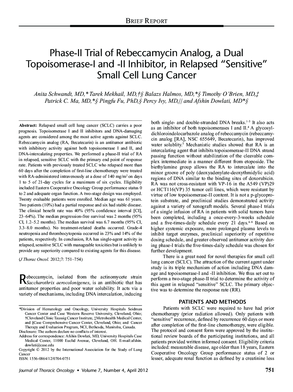 Phase-II Trial of Rebeccamycin Analog, a Dual Topoisomerase-I and -II Inhibitor, in Relapsed “Sensitive” Small Cell Lung Cancer 