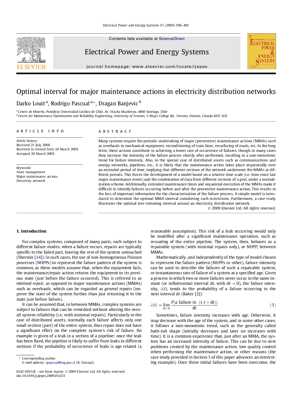 Optimal interval for major maintenance actions in electricity distribution networks