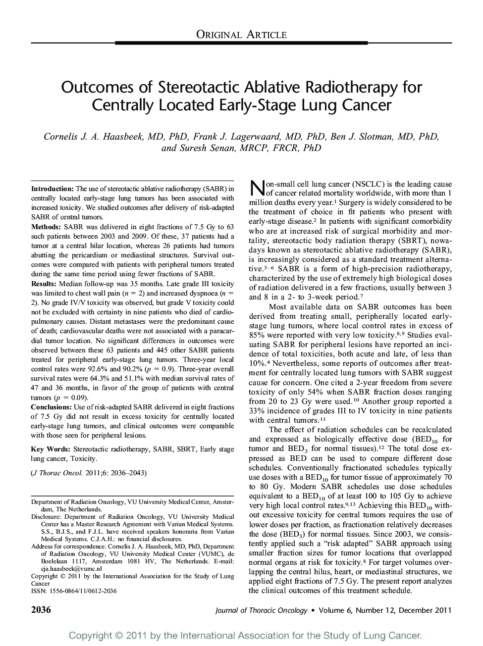 Outcomes of Stereotactic Ablative Radiotherapy for Centrally Located Early-Stage Lung Cancer 