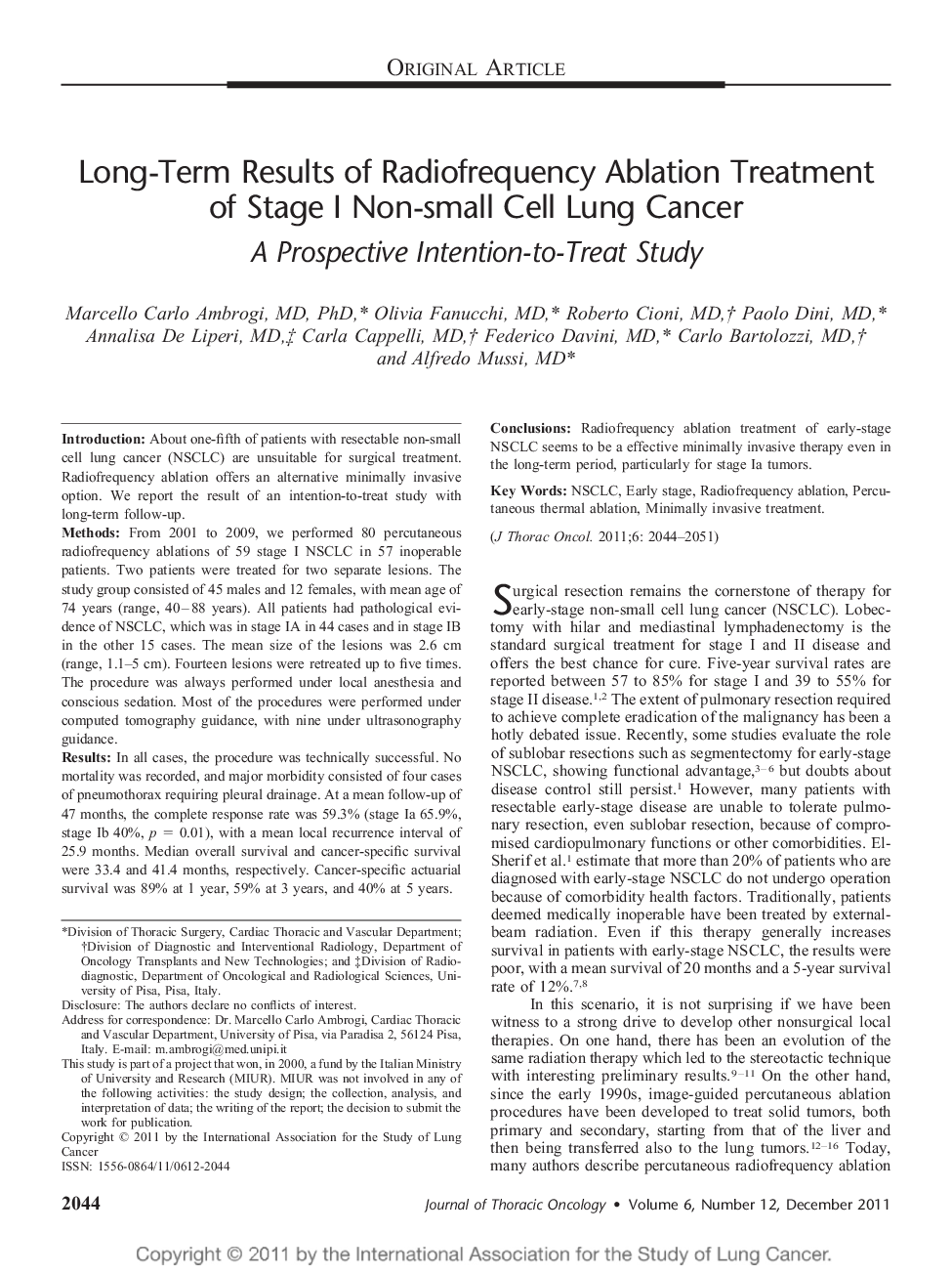 Long-Term Results of Radiofrequency Ablation Treatment of Stage I Non-small Cell Lung Cancer: A Prospective Intention-to-Treat Study 