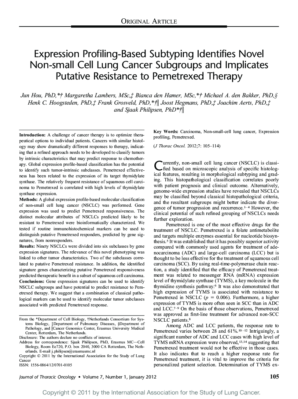 Expression Profiling-Based Subtyping Identifies Novel Non-small Cell Lung Cancer Subgroups and Implicates Putative Resistance to Pemetrexed Therapy 