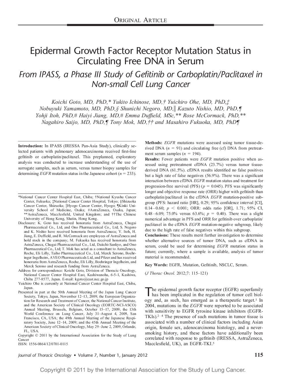 Epidermal Growth Factor Receptor Mutation Status in Circulating Free DNA in Serum: From IPASS, a Phase III Study of Gefitinib or Carboplatin/Paclitaxel in Non-small Cell Lung Cancer 