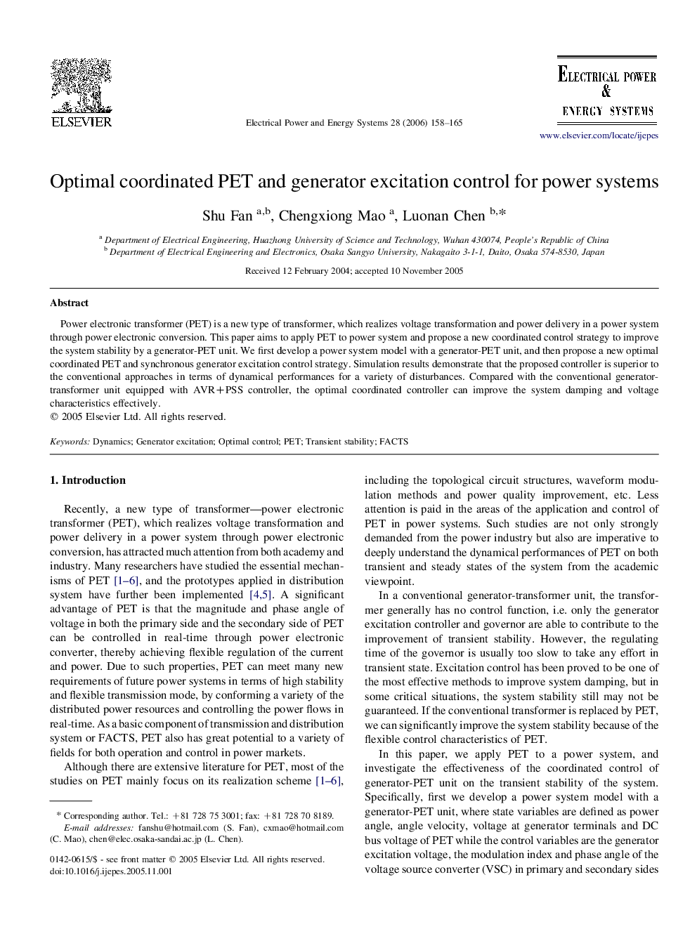 Optimal coordinated PET and generator excitation control for power systems