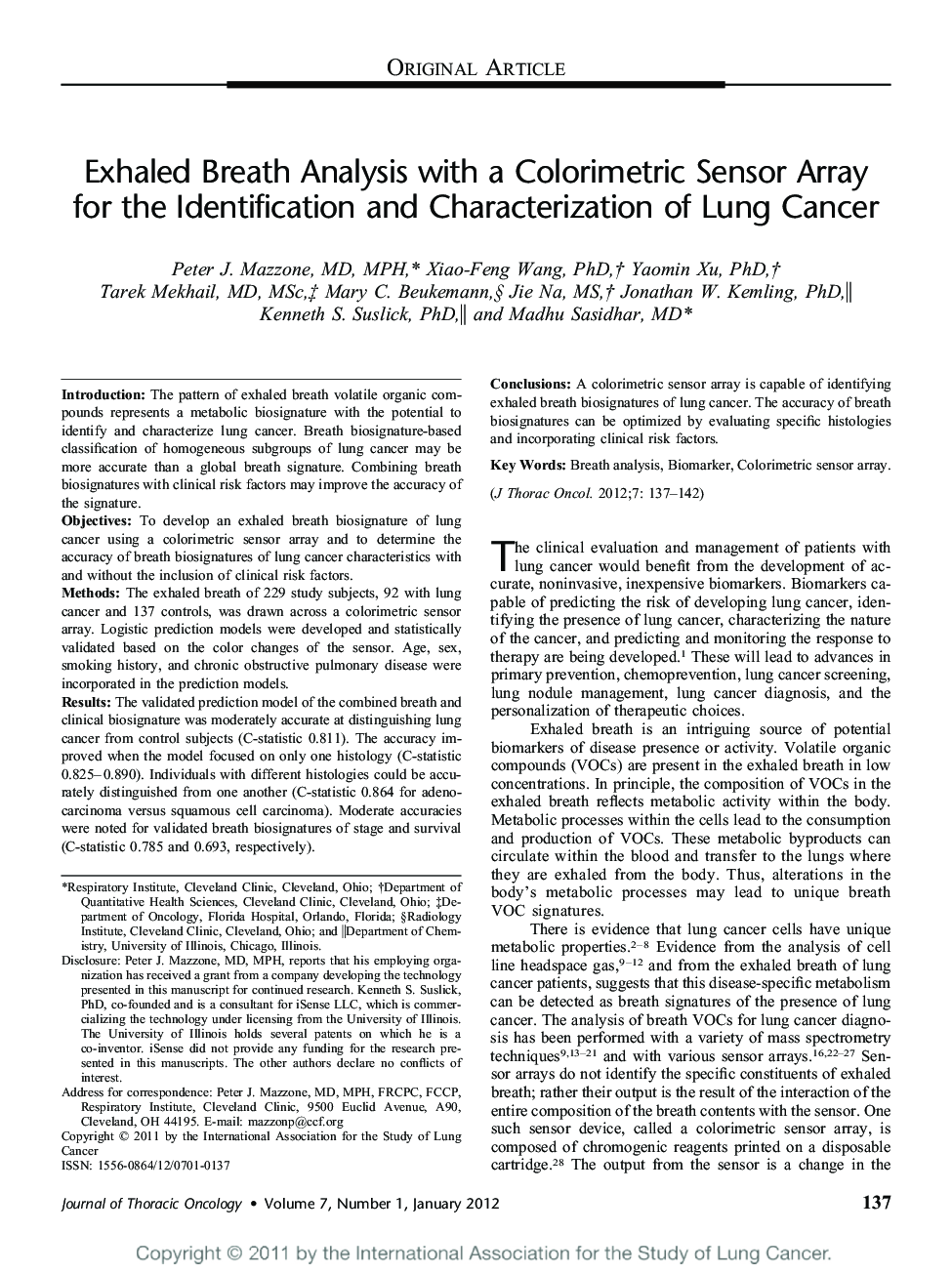 Exhaled Breath Analysis with a Colorimetric Sensor Array for the Identification and Characterization of Lung Cancer 