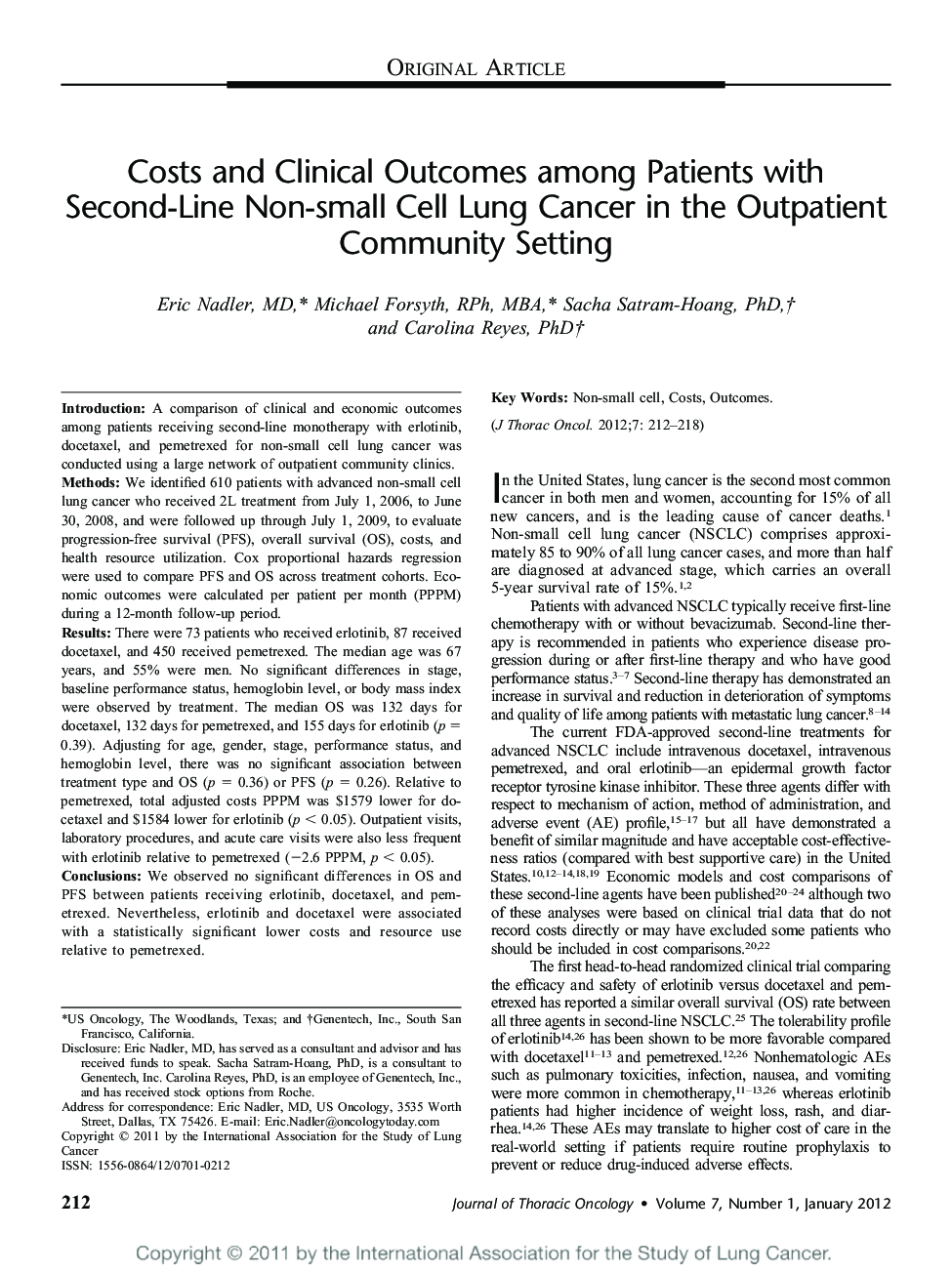 Costs and Clinical Outcomes among Patients with Second-Line Non-small Cell Lung Cancer in the Outpatient Community Setting