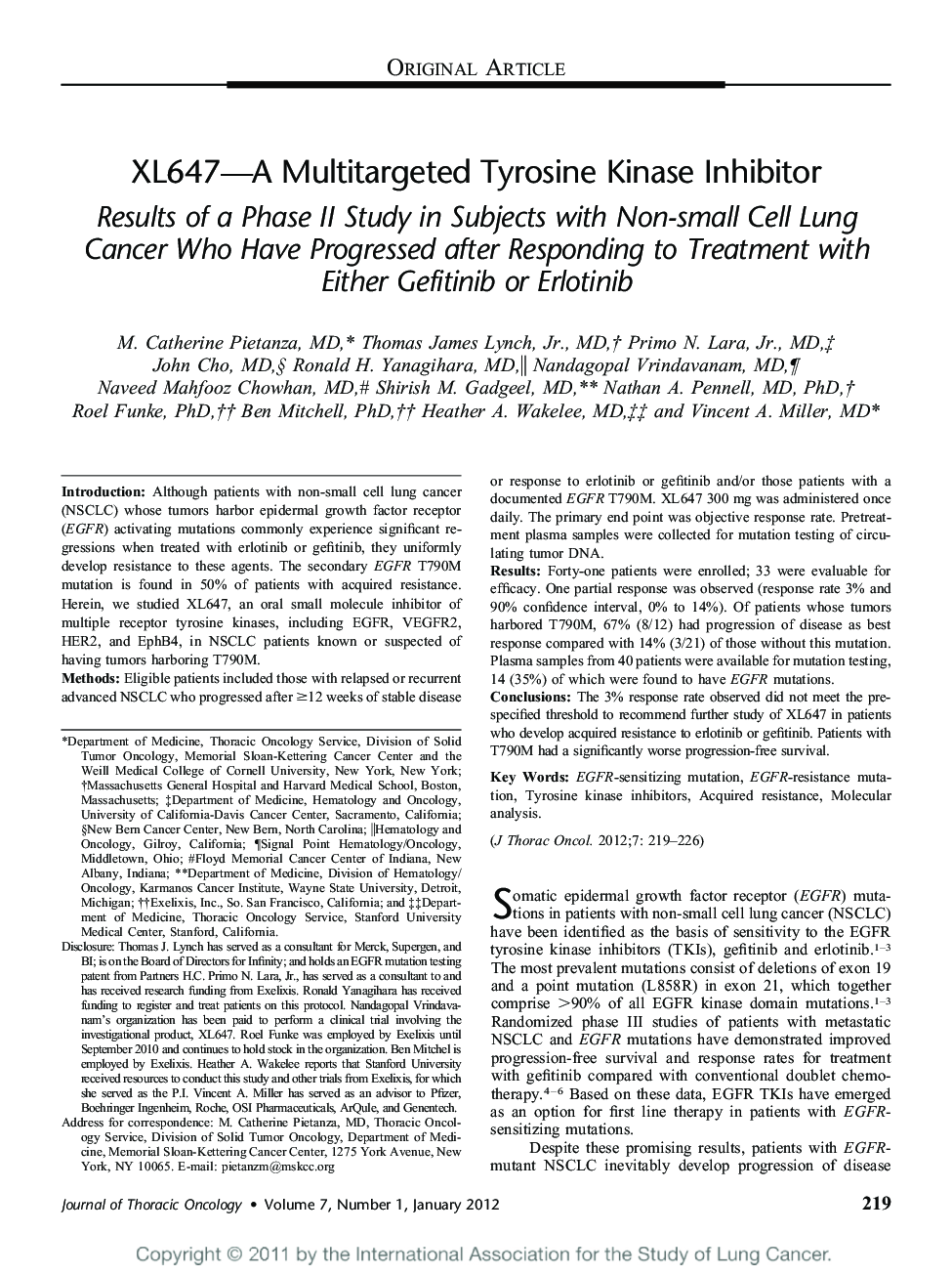 XL647—A Multitargeted Tyrosine Kinase Inhibitor: Results of a Phase II Study in Subjects with Non-small Cell Lung Cancer Who Have Progressed after Responding to Treatment with Either Gefitinib or Erlotinib 