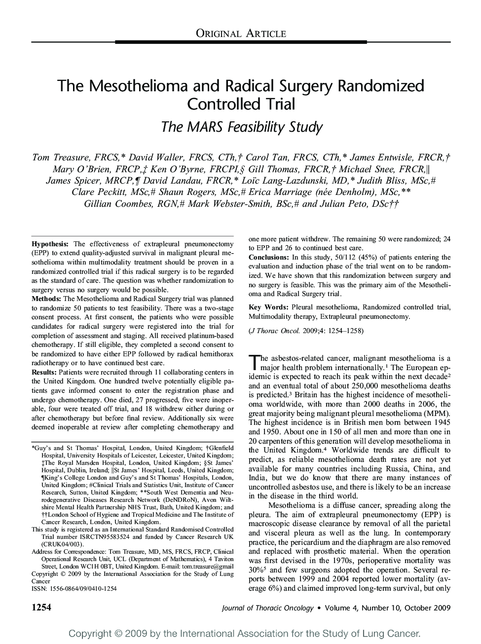 The Mesothelioma and Radical Surgery Randomized Controlled Trial: The MARS Feasibility Study 