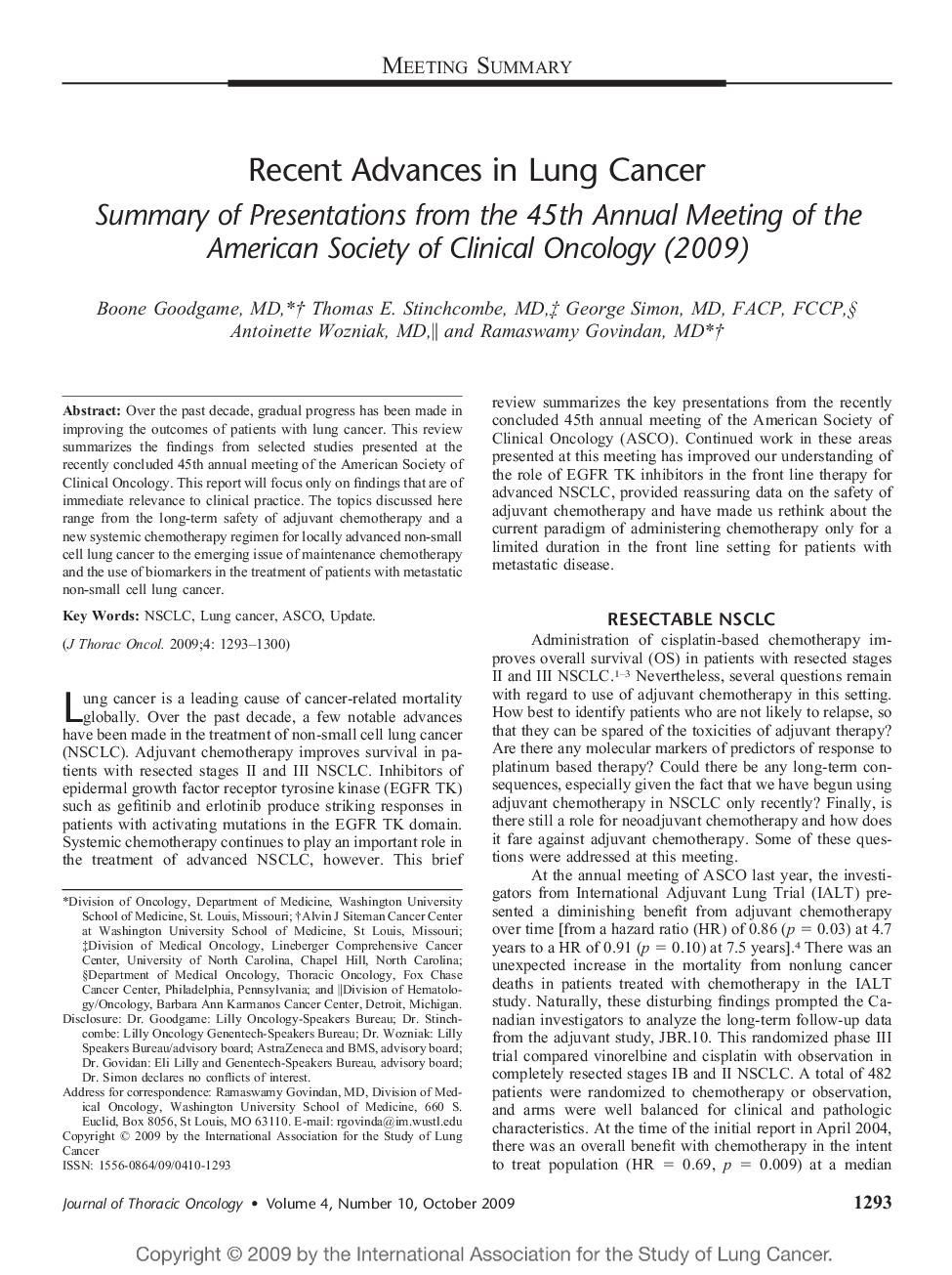 Recent Advances in Lung Cancer: Summary of Presentations from the 45th Annual Meeting of the American Society of Clinical Oncology (2009) 