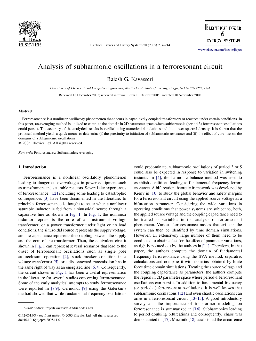 عکس صفحه اول مقاله: Analysis of subharmonic oscillations in a ferroresonant circuit Analysis of subharmonic oscillations in a ferroresonant circuit