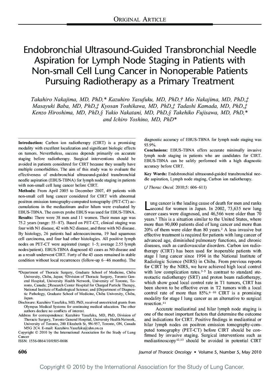 Endobronchial Ultrasound-Guided Transbronchial Needle Aspiration for Lymph Node Staging in Patients with Non-small Cell Lung Cancer in Nonoperable Patients Pursuing Radiotherapy as a Primary Treatment 