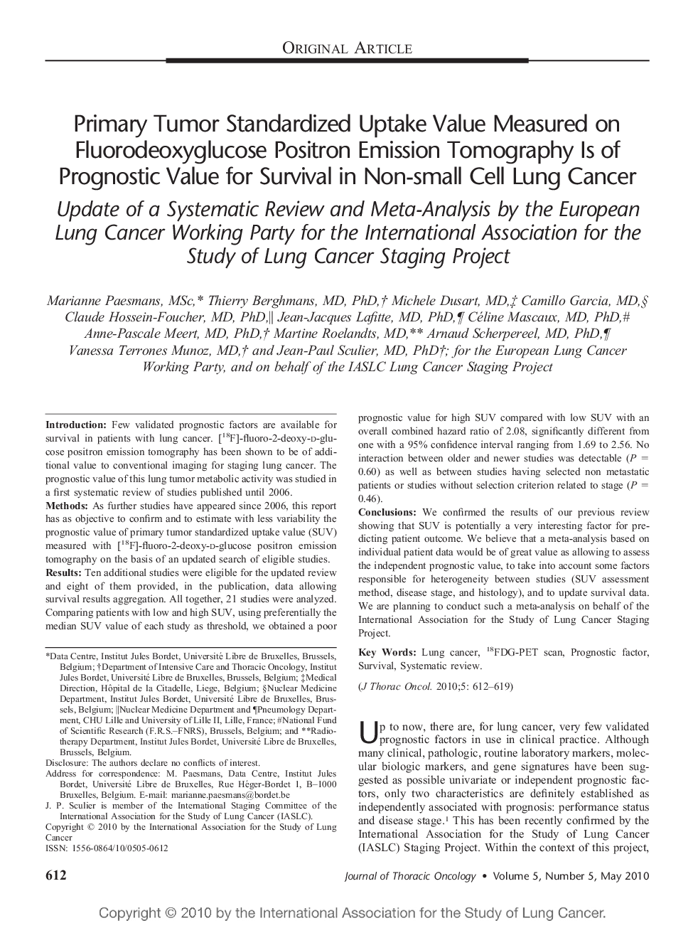 Primary Tumor Standardized Uptake Value Measured on Fluorodeoxyglucose Positron Emission Tomography Is of Prognostic Value for Survival in Non-small Cell Lung Cancer: Update of a Systematic Review and Meta-Analysis by the European Lung Cancer Working Part