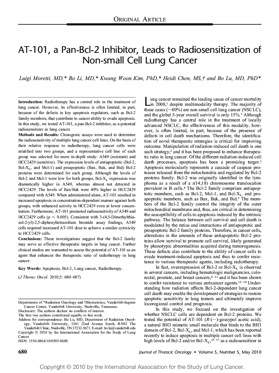 AT-101, a Pan-Bcl-2 Inhibitor, Leads to Radiosensitization of Non-small Cell Lung Cancer 