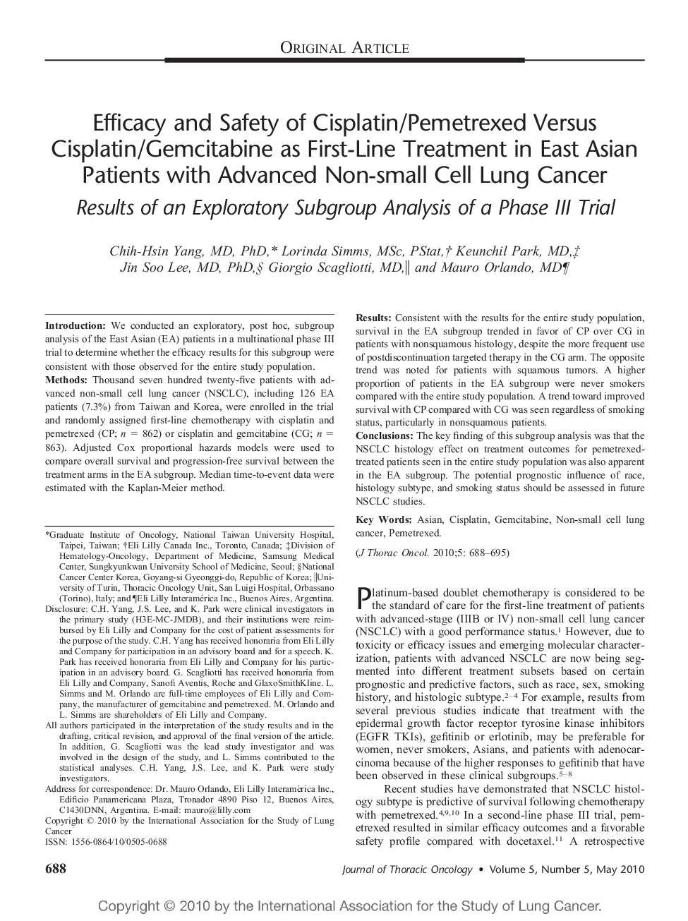 Efficacy and Safety of Cisplatin/Pemetrexed Versus Cisplatin/Gemcitabine as First-Line Treatment in East Asian Patients with Advanced Non-small Cell Lung Cancer: Results of an Exploratory Subgroup Analysis of a Phase III Trial 