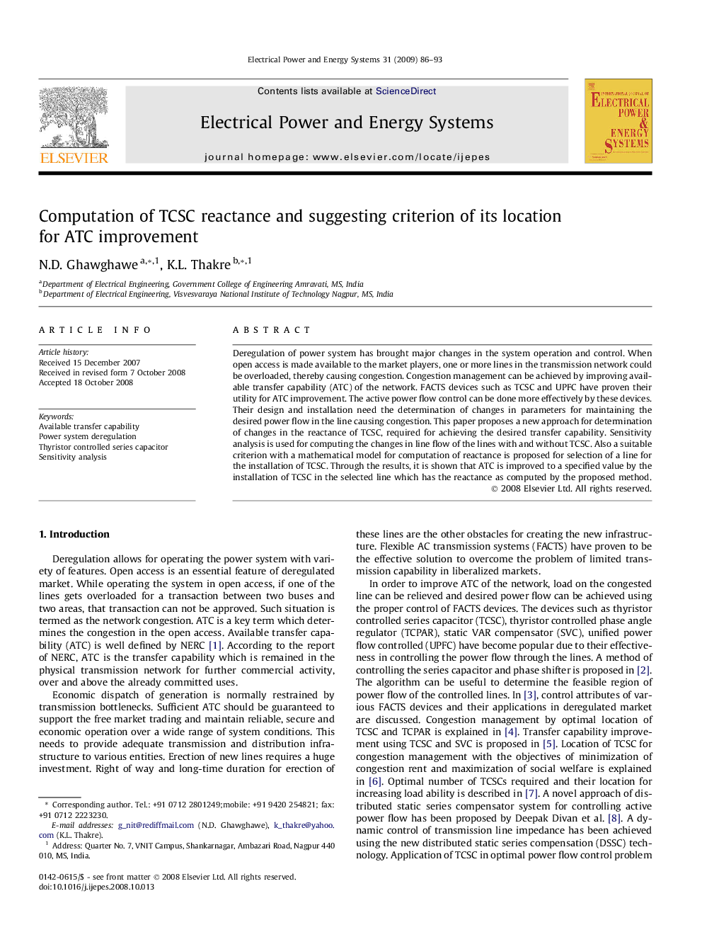 Computation of TCSC reactance and suggesting criterion of its location for ATC improvement