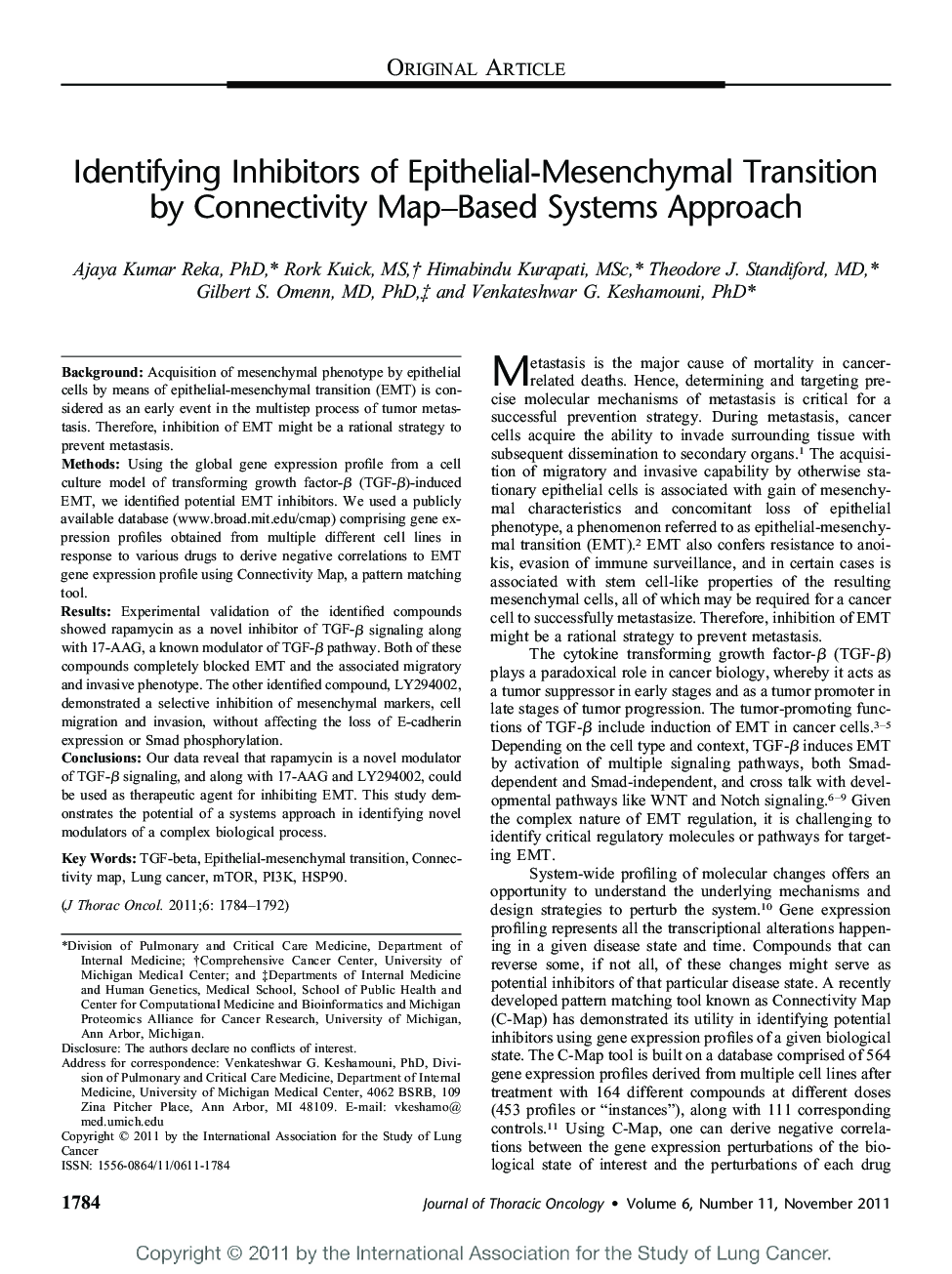 Identifying Inhibitors of Epithelial-Mesenchymal Transition by Connectivity Map–Based Systems Approach 