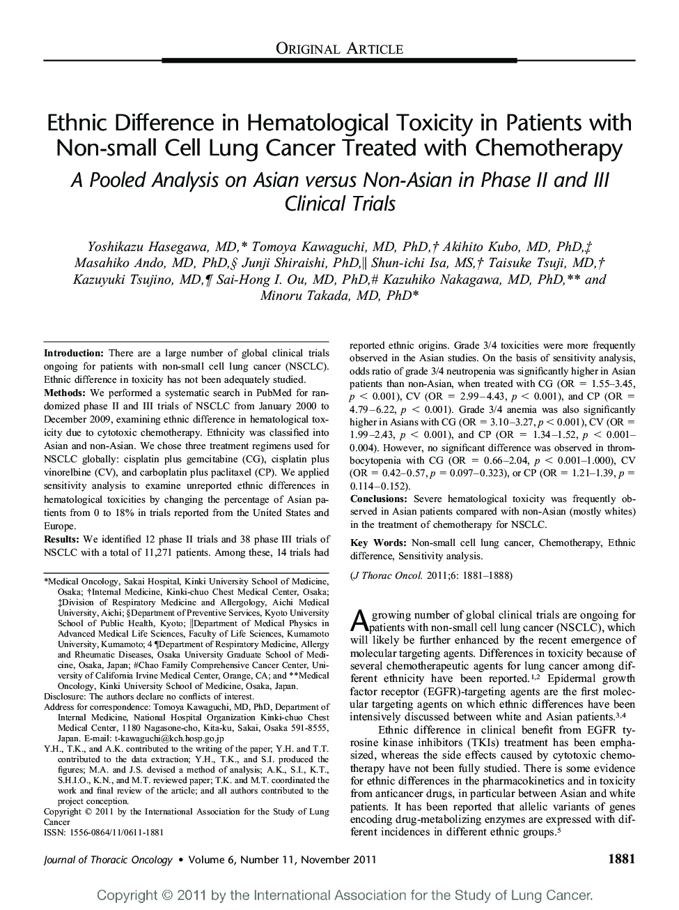 Ethnic Difference in Hematological Toxicity in Patients with Non-small Cell Lung Cancer Treated with Chemotherapy: A Pooled Analysis on Asian versus Non-Asian in Phase II and III Clinical Trials 