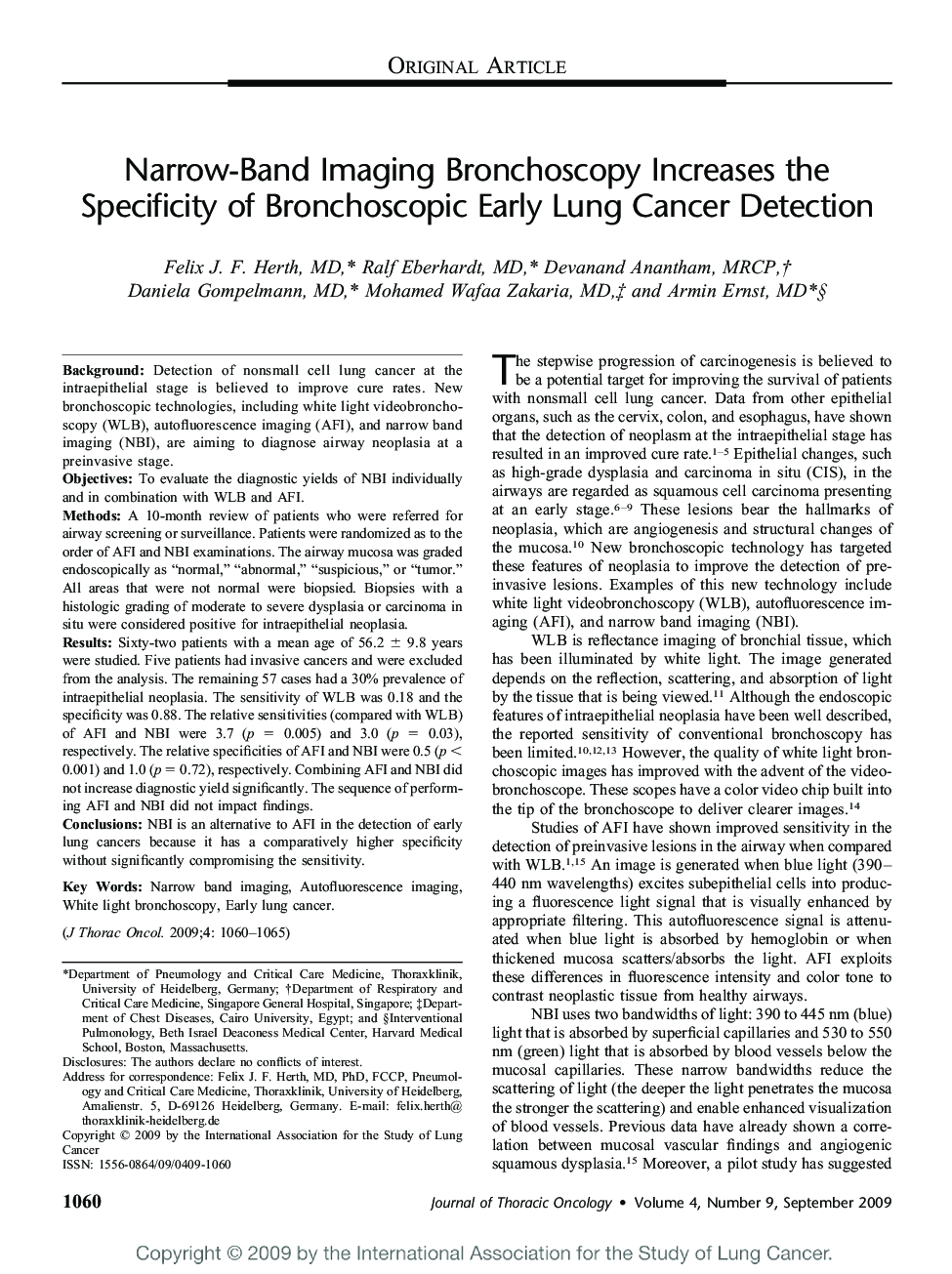 Narrow-Band Imaging Bronchoscopy Increases the Specificity of Bronchoscopic Early Lung Cancer Detection 