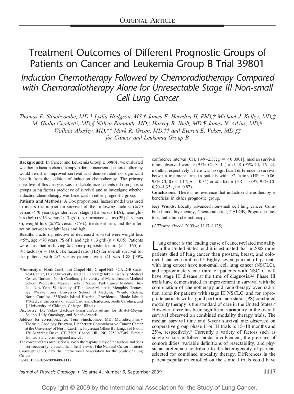 Treatment Outcomes of Different Prognostic Groups of Patients on Cancer and Leukemia Group B Trial 39801: Induction Chemotherapy Followed by Chemoradiotherapy Compared with Chemoradiotherapy Alone for Unresectable Stage III Non-small Cell Lung Cancer 