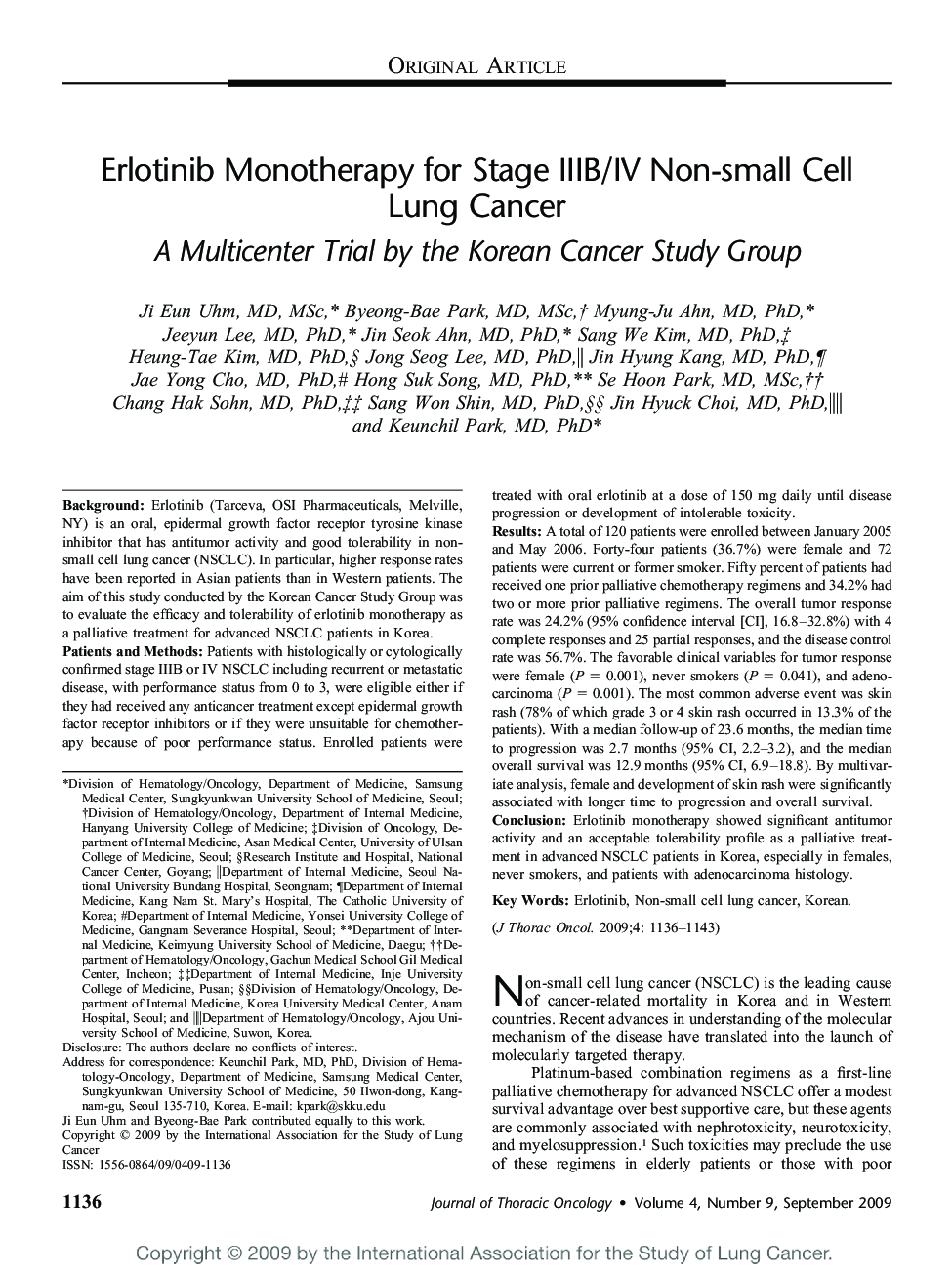 Erlotinib Monotherapy for Stage IIIB/IV Non-small Cell Lung Cancer: A Multicenter Trial by the Korean Cancer Study Group 