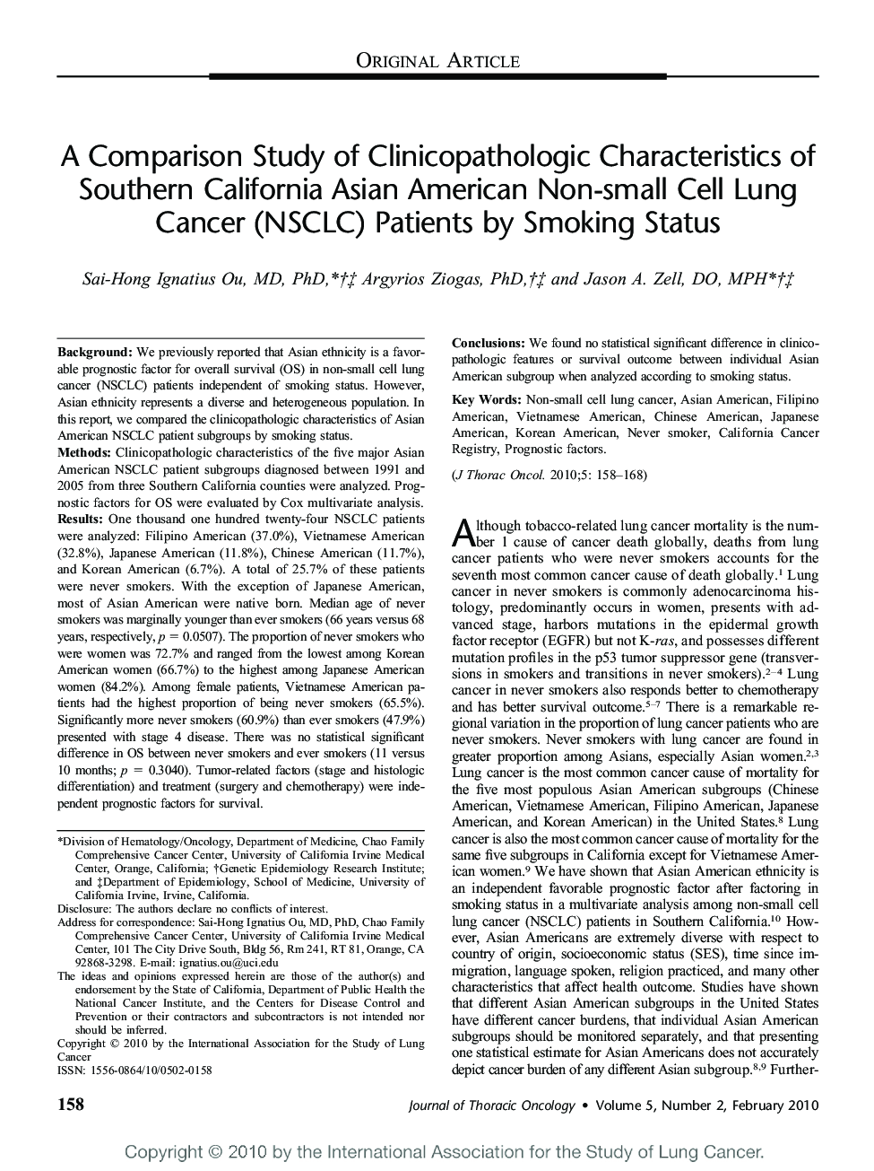 A Comparison Study of Clinicopathologic Characteristics of Southern California Asian American Non-small Cell Lung Cancer (NSCLC) Patients by Smoking Status 