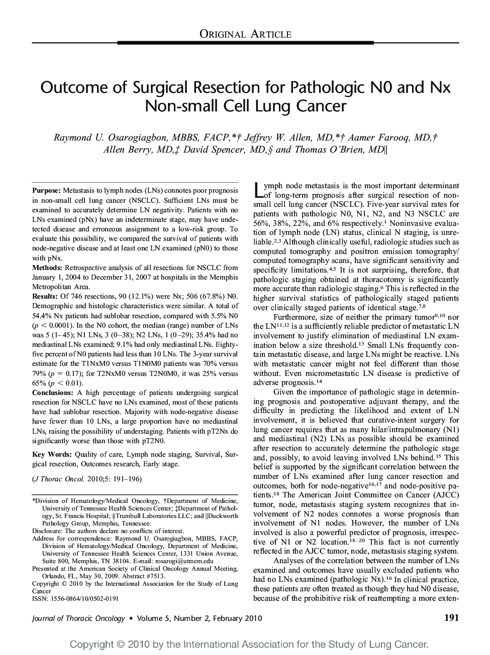 Outcome of Surgical Resection for Pathologic N0 and Nx Non-small Cell Lung Cancer 