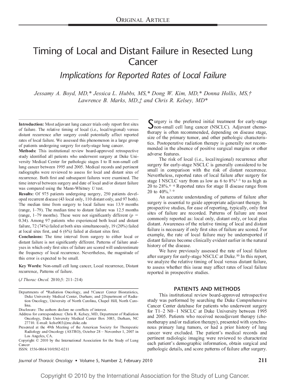 Timing of Local and Distant Failure in Resected Lung Cancer: Implications for Reported Rates of Local Failure 