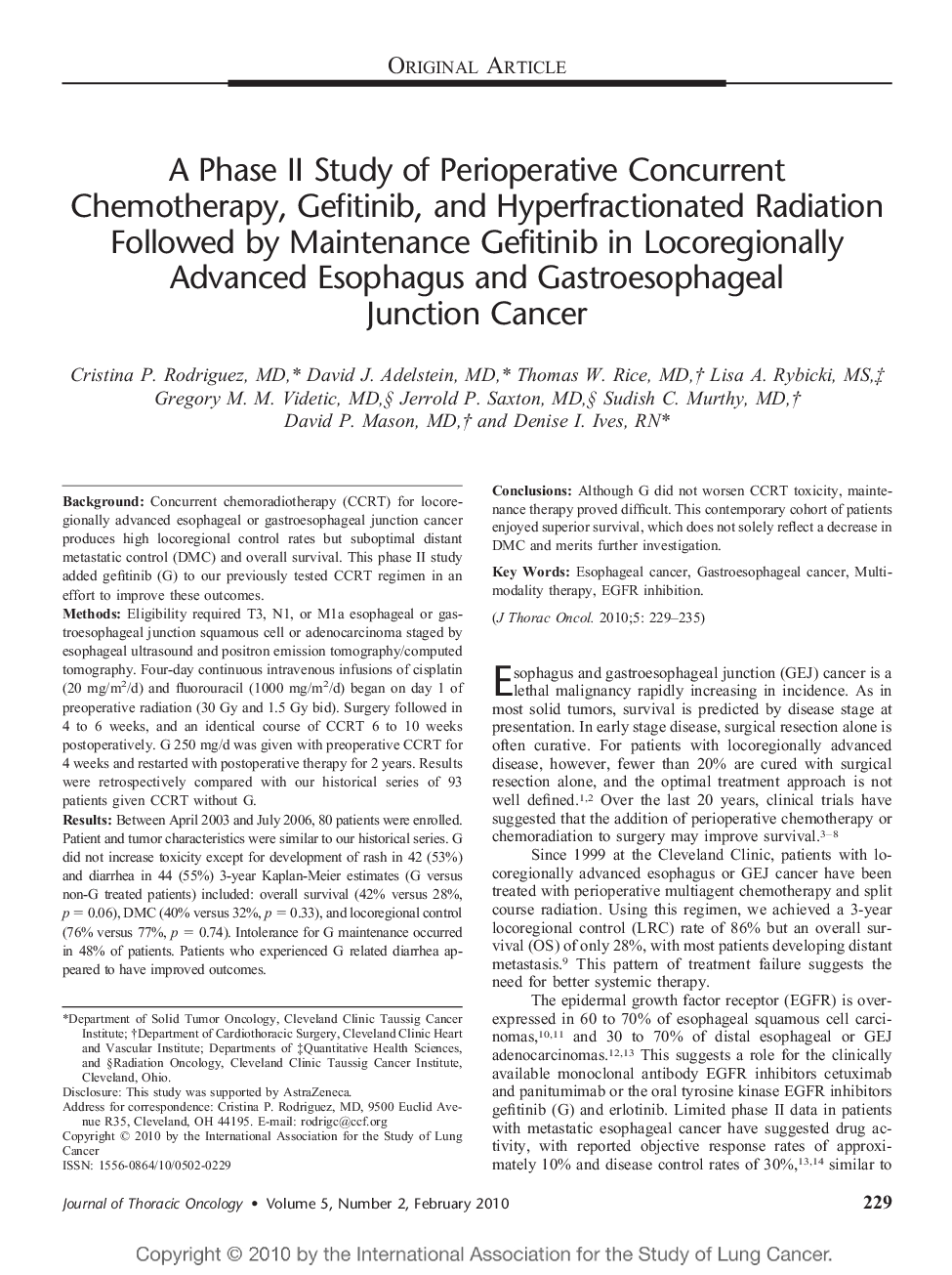 A Phase II Study of Perioperative Concurrent Chemotherapy, Gefitinib, and Hyperfractionated Radiation Followed by Maintenance Gefitinib in Locoregionally Advanced Esophagus and Gastroesophageal Junction Cancer 