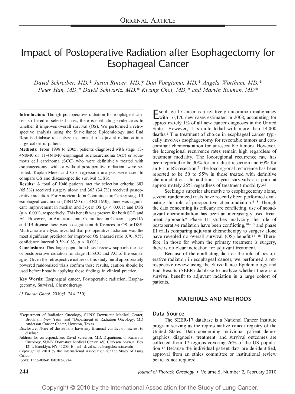 Impact of Postoperative Radiation after Esophagectomy for Esophageal Cancer 