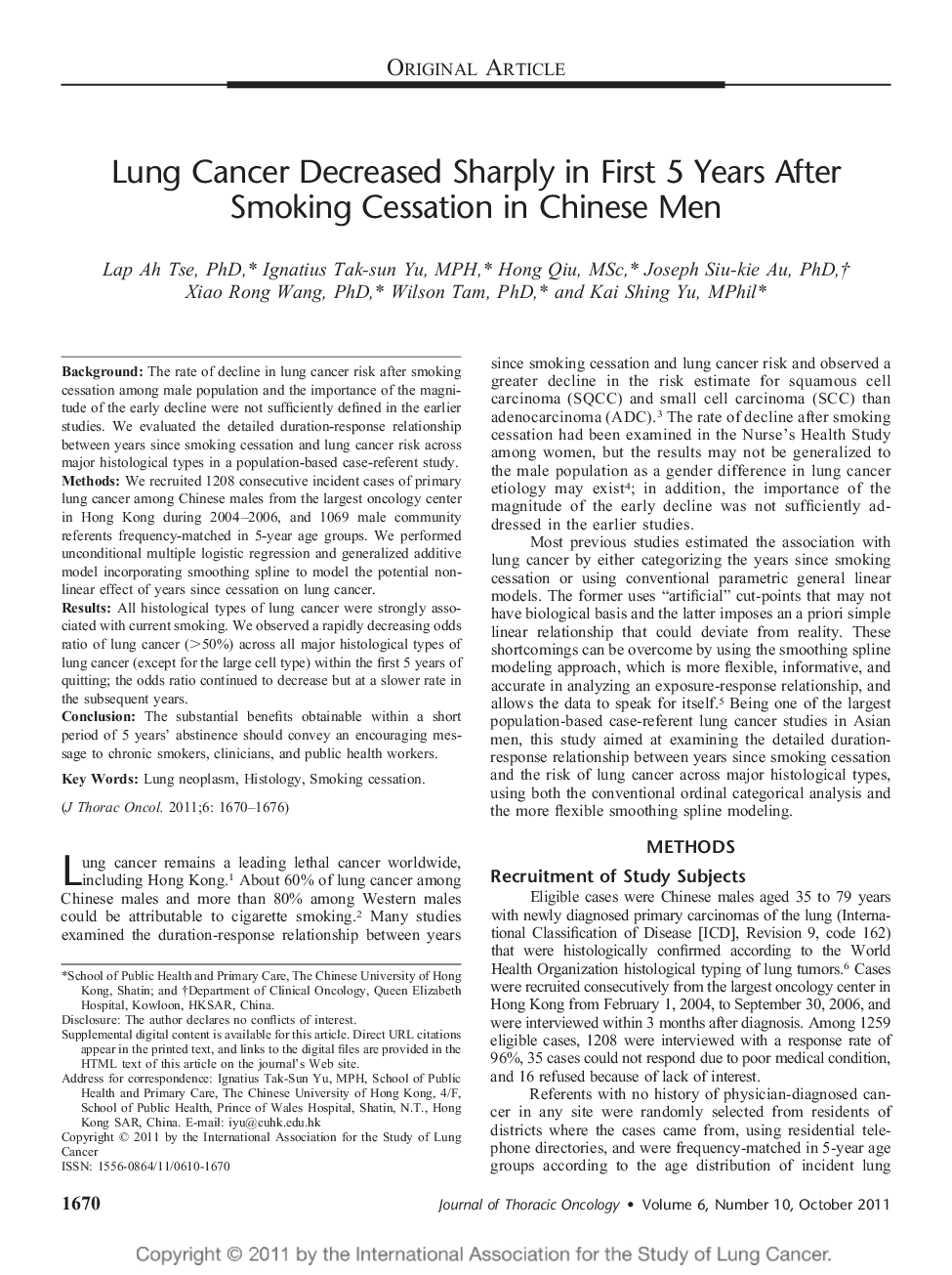 Lung Cancer Decreased Sharply in First 5 Years After Smoking Cessation in Chinese Men 