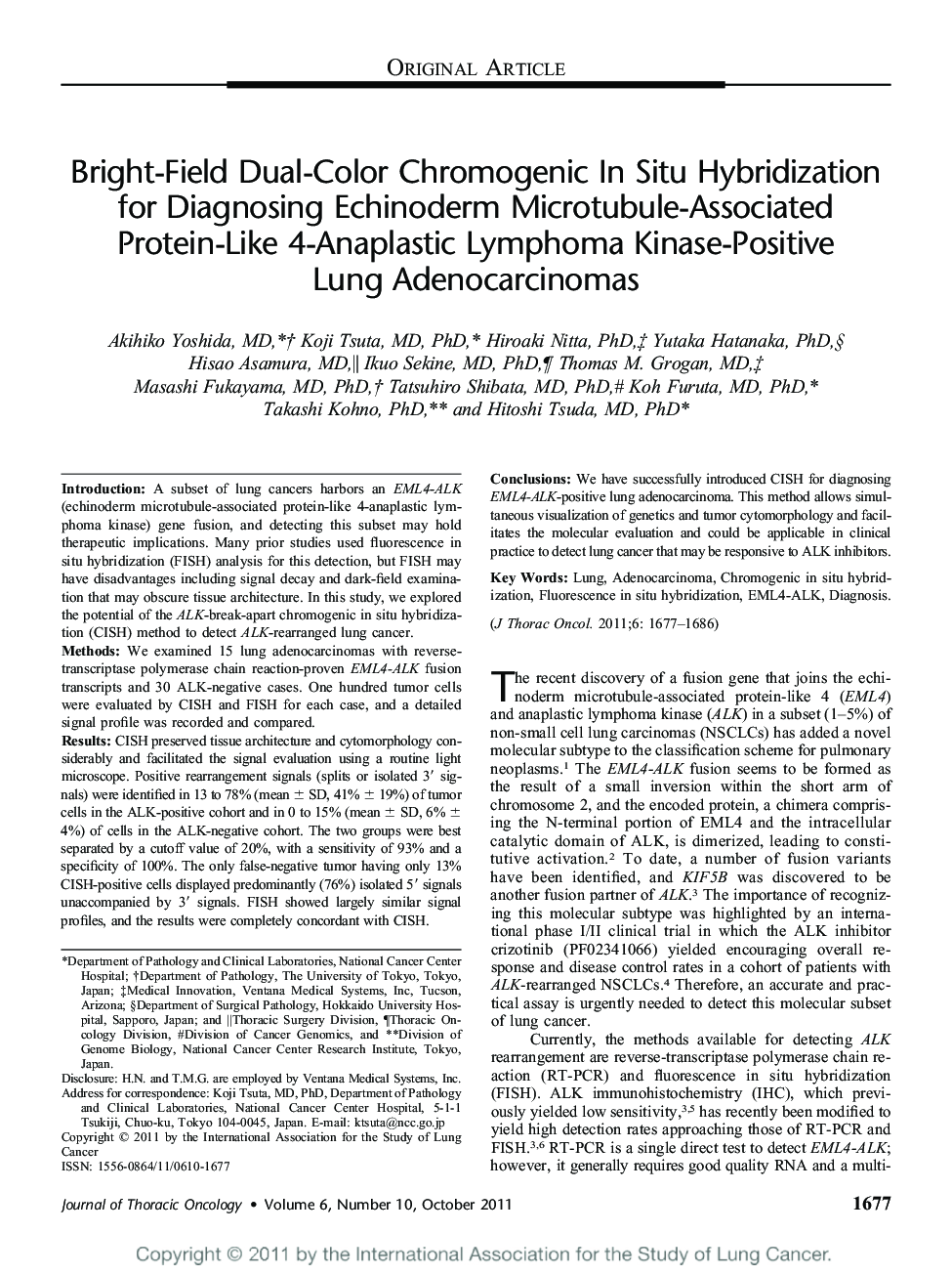 Bright-Field Dual-Color Chromogenic In Situ Hybridization for Diagnosing Echinoderm Microtubule-Associated Protein-Like 4-Anaplastic Lymphoma Kinase-Positive Lung Adenocarcinomas 