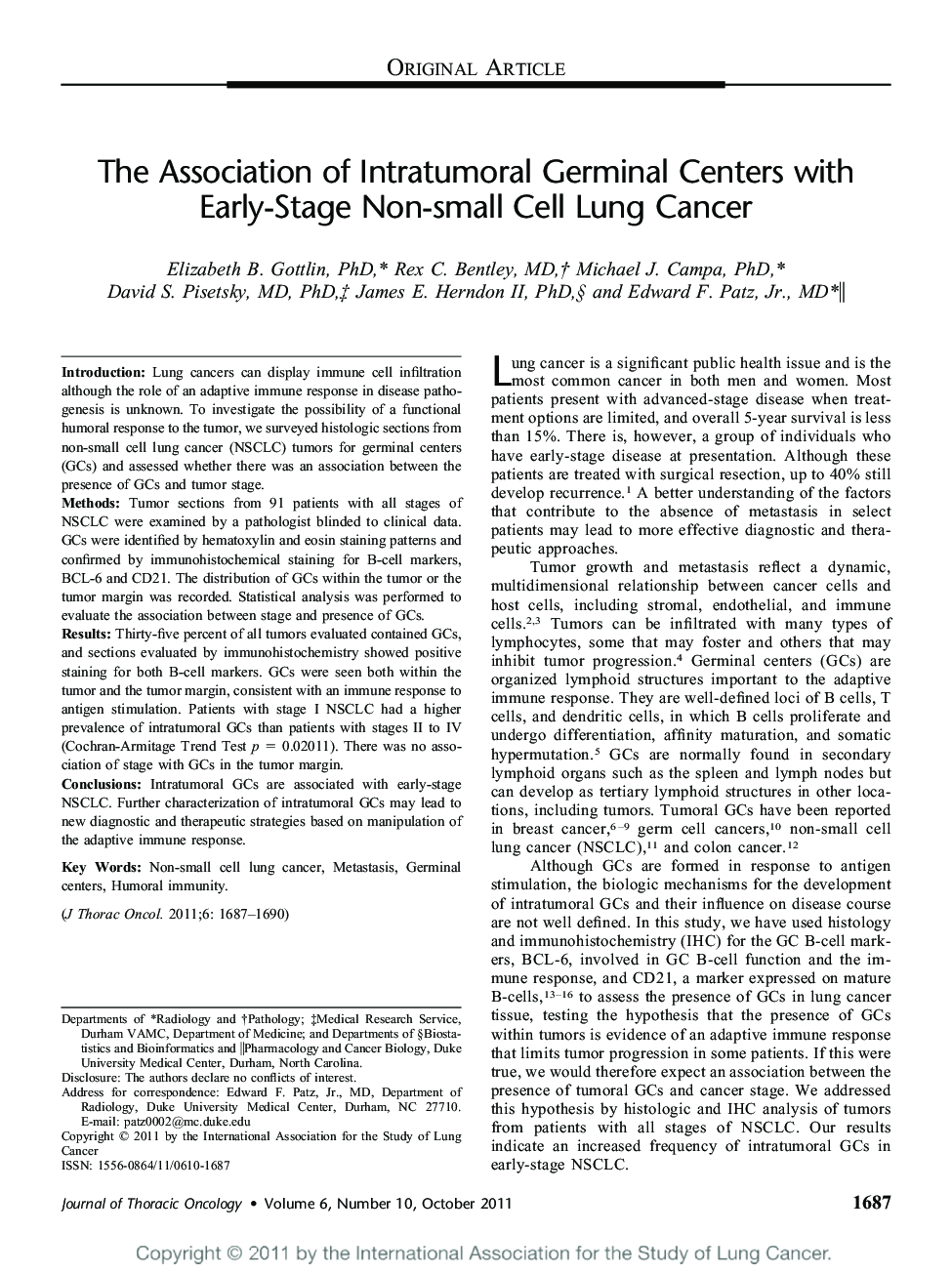 The Association of Intratumoral Germinal Centers with Early-Stage Non-small Cell Lung Cancer 