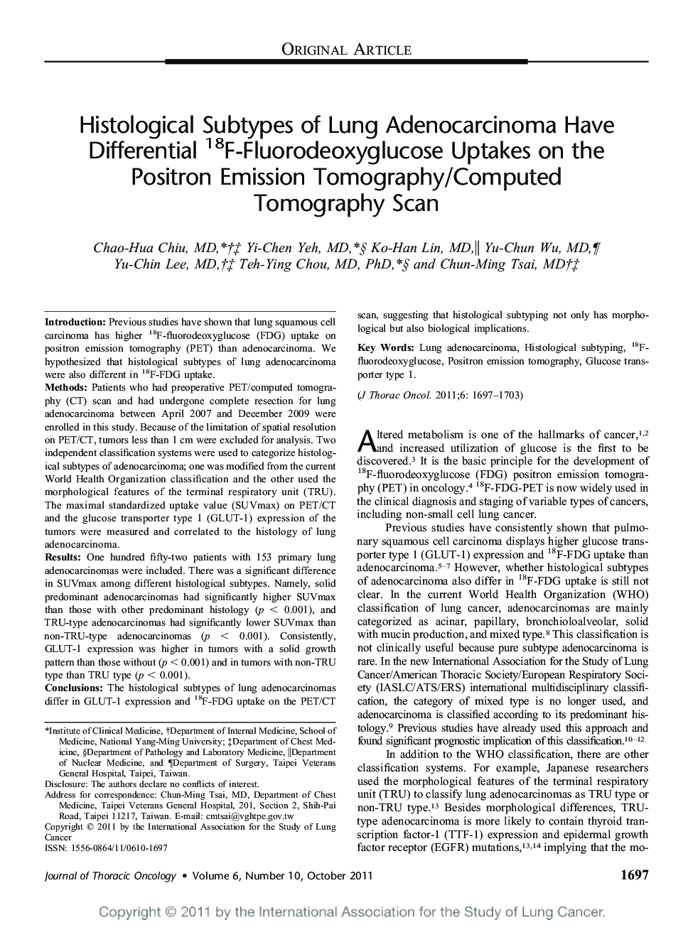 Histological Subtypes of Lung Adenocarcinoma Have Differential 18F-Fluorodeoxyglucose Uptakes on the Positron Emission Tomography/Computed Tomography Scan 