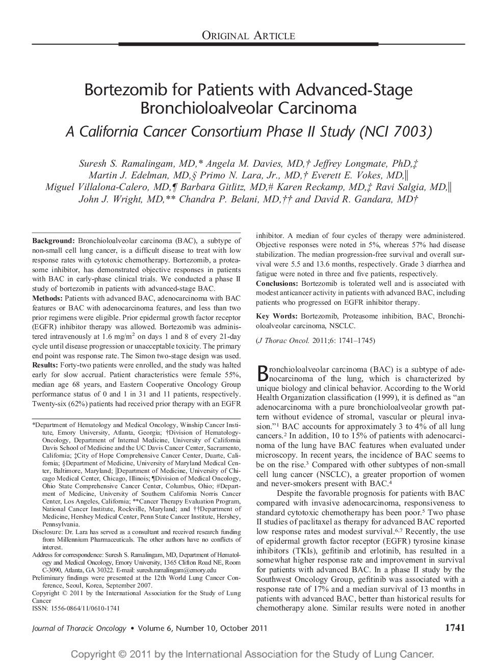 Bortezomib for Patients with Advanced-Stage Bronchioloalveolar Carcinoma: A California Cancer Consortium Phase II Study (NCI 7003) 