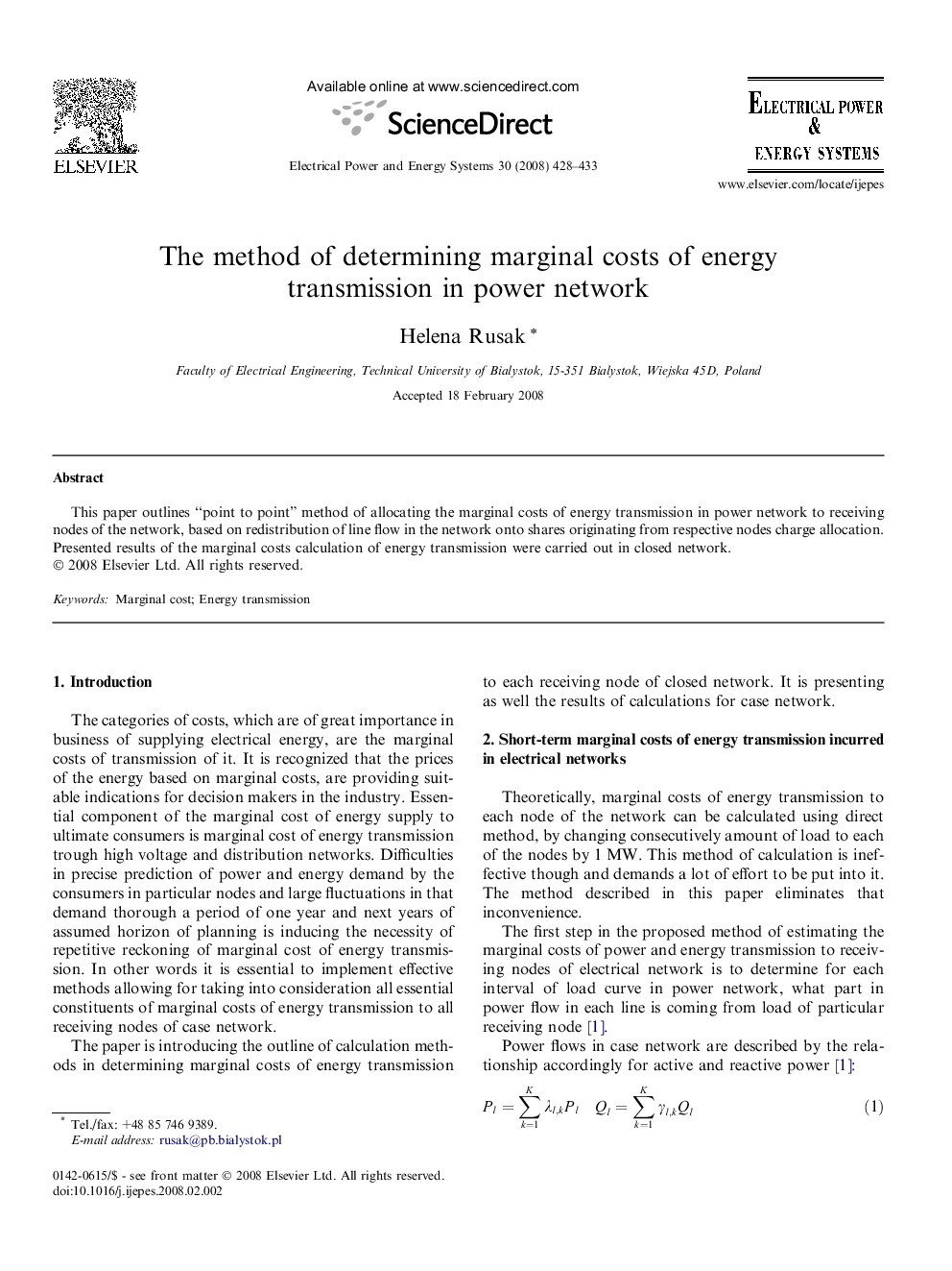 The method of determining marginal costs of energy transmission in power network