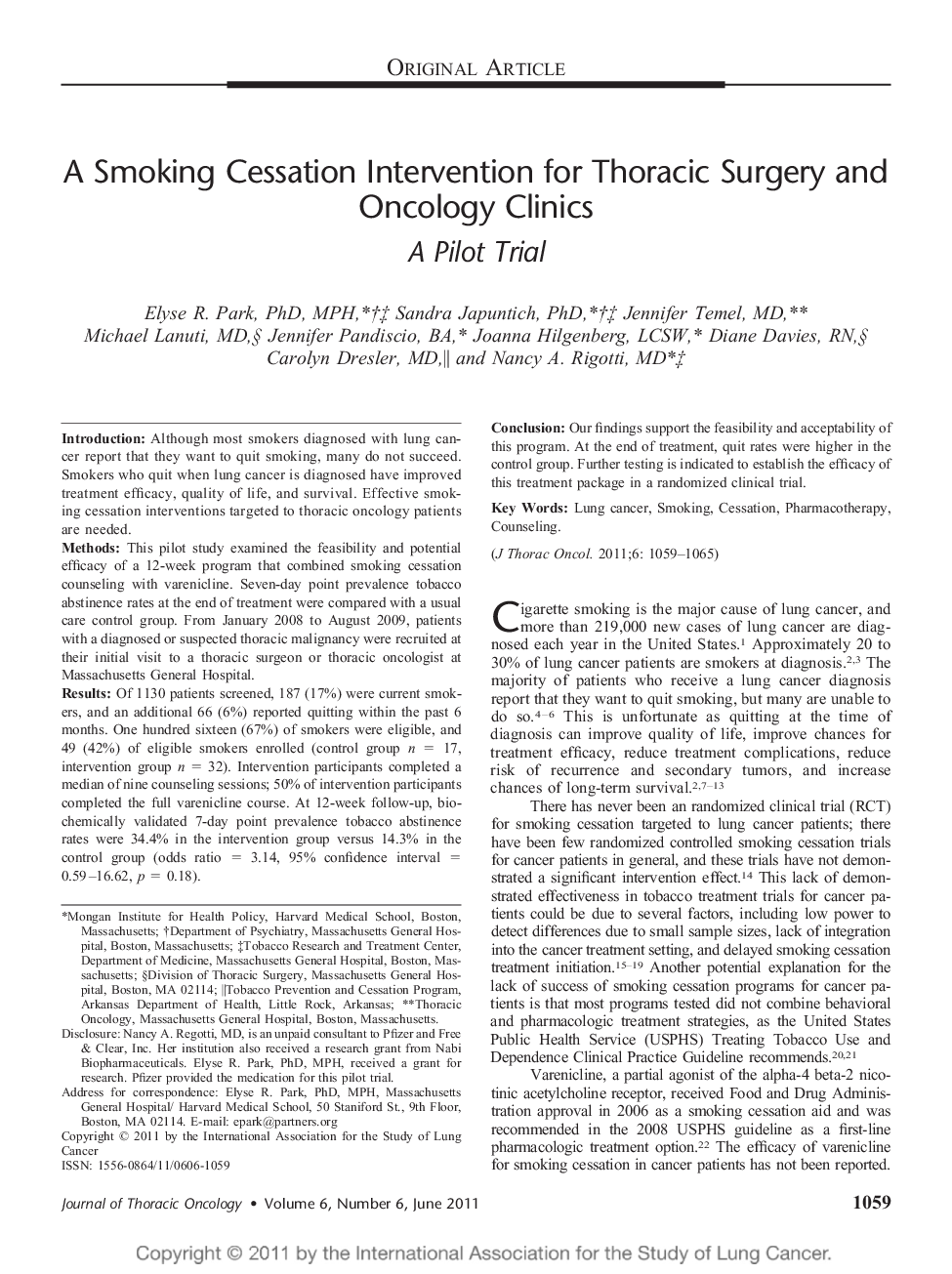 A Smoking Cessation Intervention for Thoracic Surgery and Oncology Clinics: A Pilot Trial 