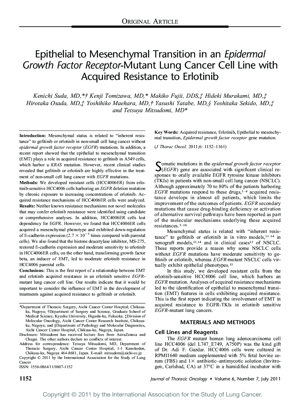 Epithelial to Mesenchymal Transition in an Epidermal Growth Factor Receptor-Mutant Lung Cancer Cell Line with Acquired Resistance to Erlotinib 