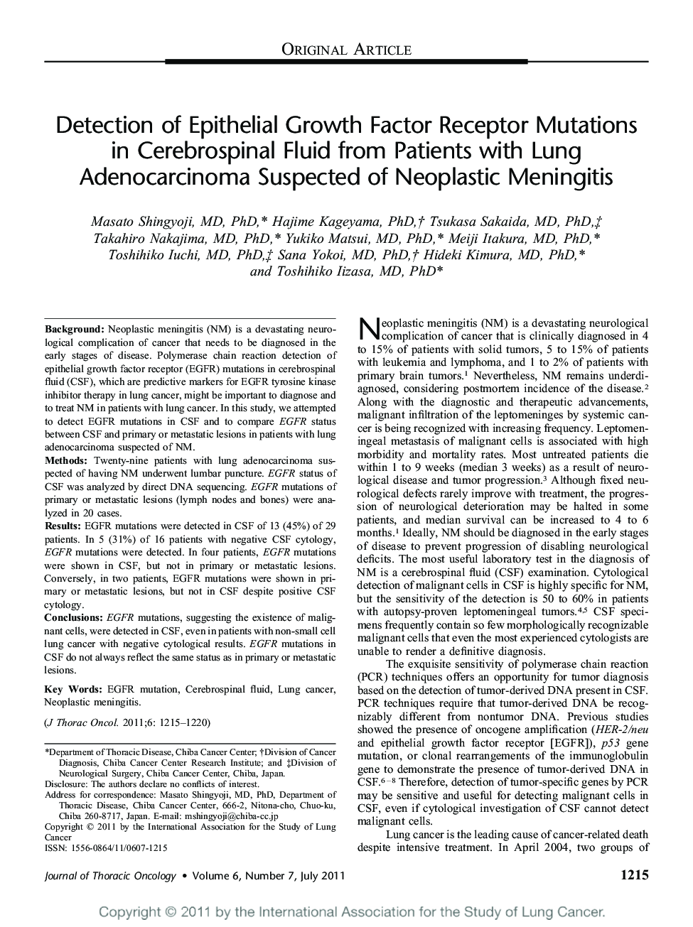 Detection of Epithelial Growth Factor Receptor Mutations in Cerebrospinal Fluid from Patients with Lung Adenocarcinoma Suspected of Neoplastic Meningitis 