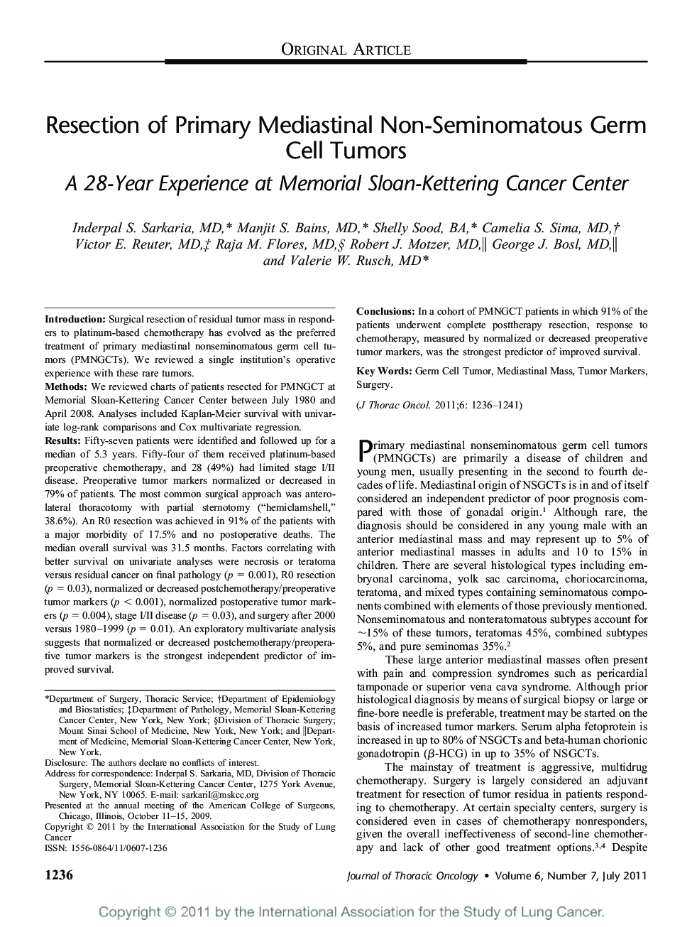 Resection of Primary Mediastinal Non-Seminomatous Germ Cell Tumors: A 28-Year Experience at Memorial Sloan-Kettering Cancer Center 