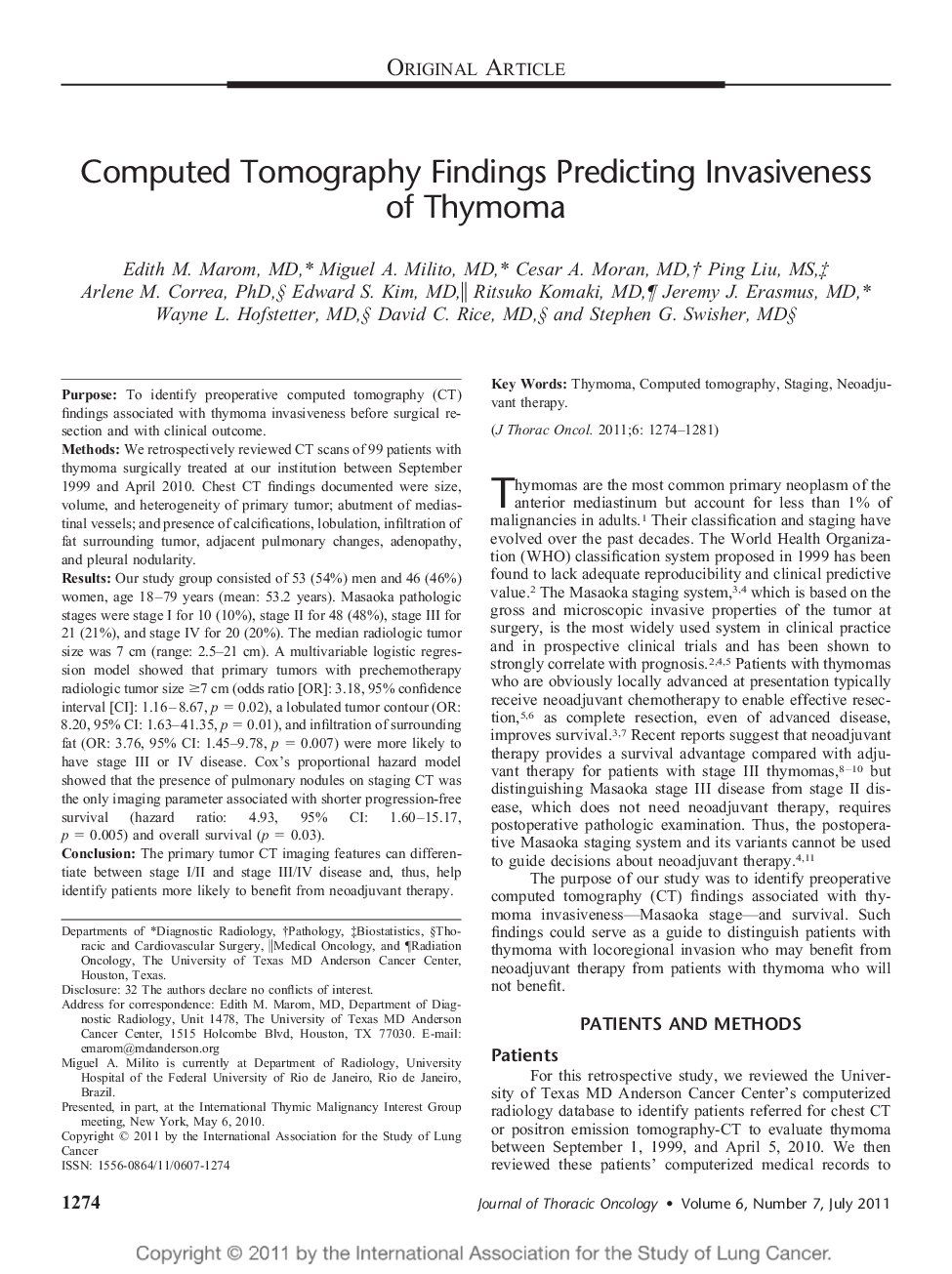 Computed Tomography Findings Predicting Invasiveness of Thymoma 