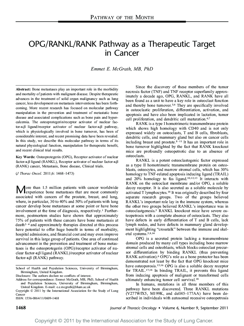 OPG/RANKL/RANK Pathway as a Therapeutic Target in Cancer 