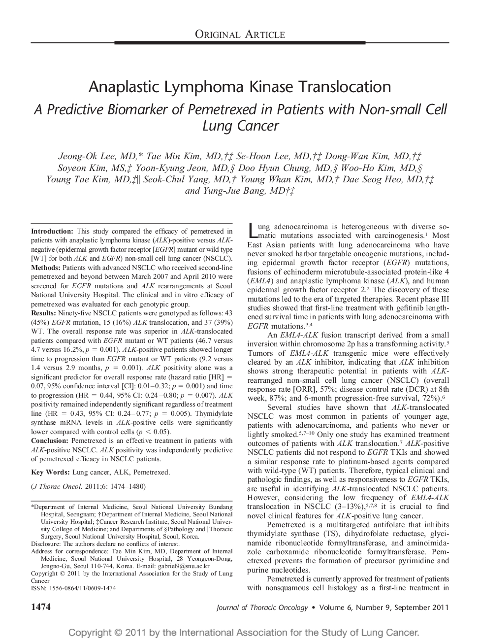 Anaplastic Lymphoma Kinase Translocation: A Predictive Biomarker of Pemetrexed in Patients with Non-small Cell Lung Cancer 