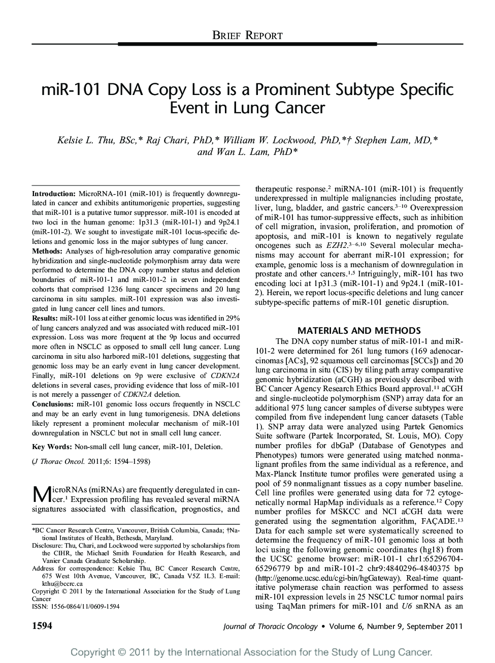 miR-101 DNA Copy Loss is a Prominent Subtype Specific Event in Lung Cancer 