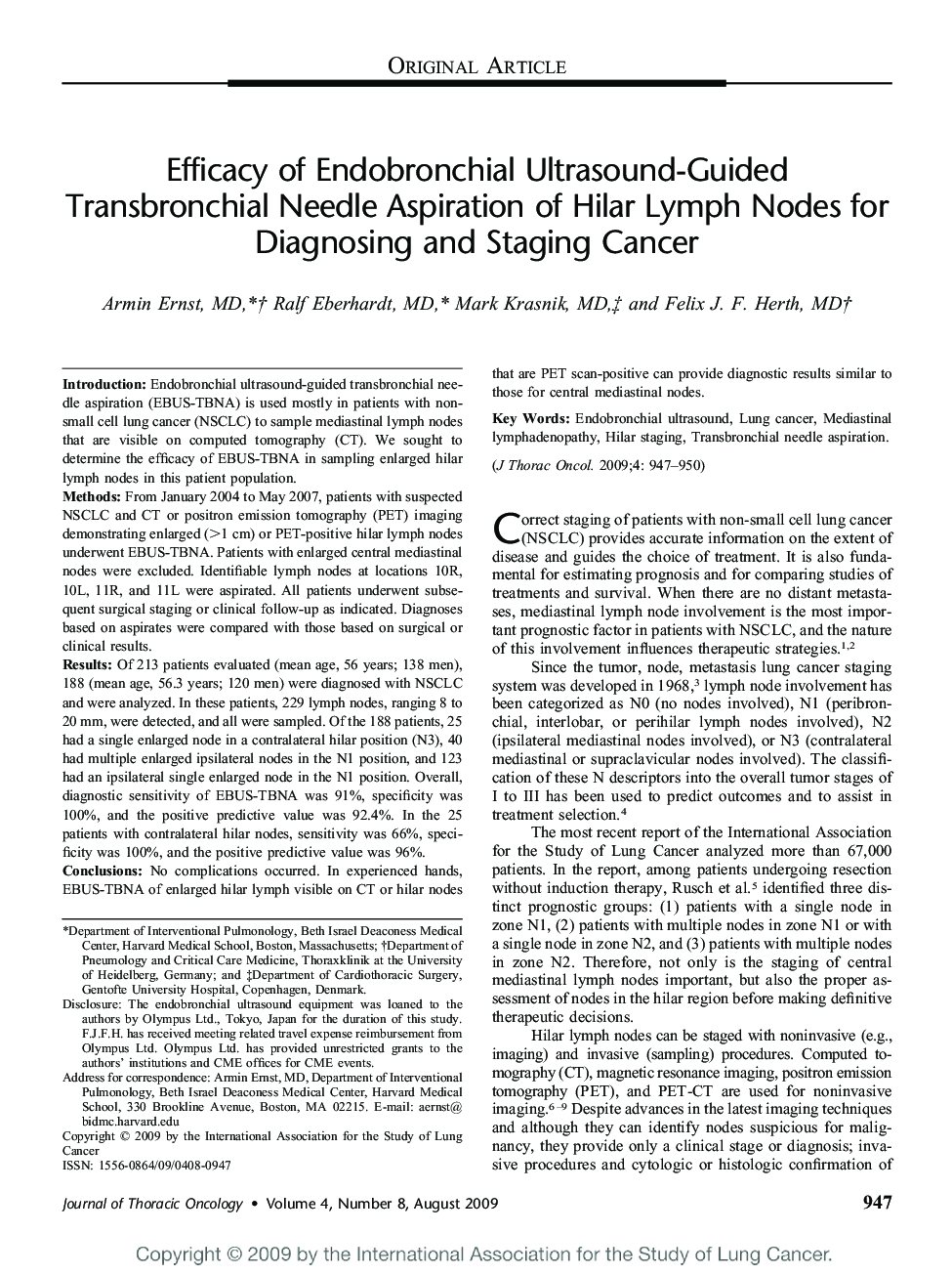 Efficacy of Endobronchial Ultrasound-Guided Transbronchial Needle Aspiration of Hilar Lymph Nodes for Diagnosing and Staging Cancer